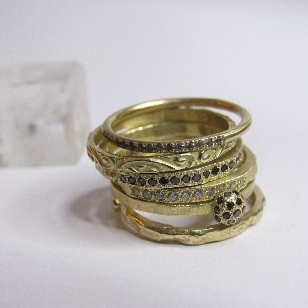Unique Engagement Ring Set 14K Gold Black Diamond Sapphire Stacking Rings